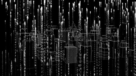 animation of white light trails over 3d drawing of cityscape on black background