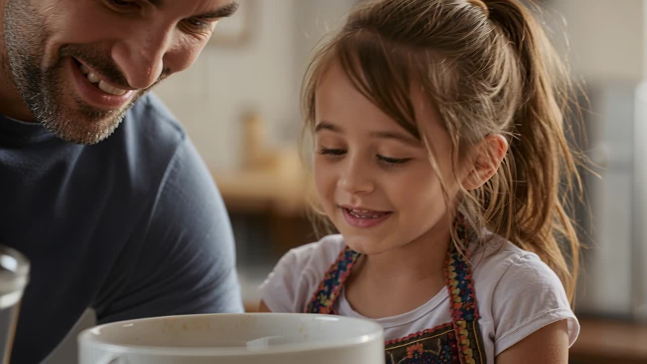 Uomo che versa e guida una bambina che mescola la farina in cucina, insegnandole, con una ciotola, un misurino e un grembiule a fantasia.