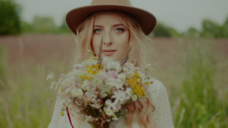 young beautiful hippie boho woman looking into camera while holding flowers in hands