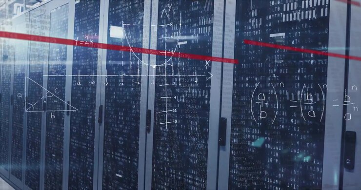 Server Room with Digital Mathematical Formulas and Data Overlay