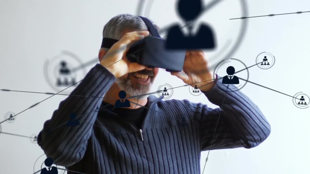 animación de la red de conexiones con iconos sobre el hombre que usa auriculares vr