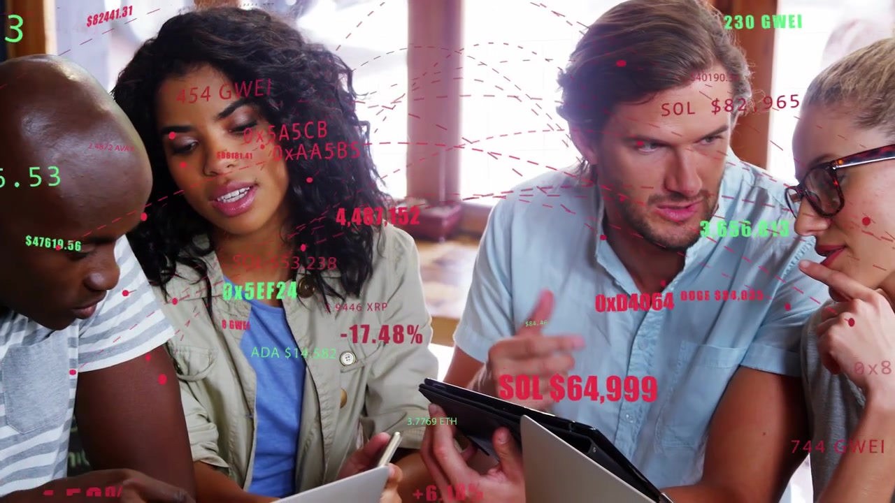 Center woman tapping phone, team analyzing crypto data, floating tickers moving across screens