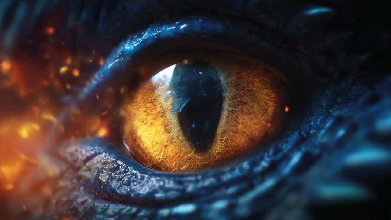 A Close-Up Glimpse into the Intense and Fiery Gaze of a Mystical Dragon, Highlighting Its Striking Features and Mesmerizing Eye Color, Surrounded by Cosmic Elements Emphasizing Power and Magic