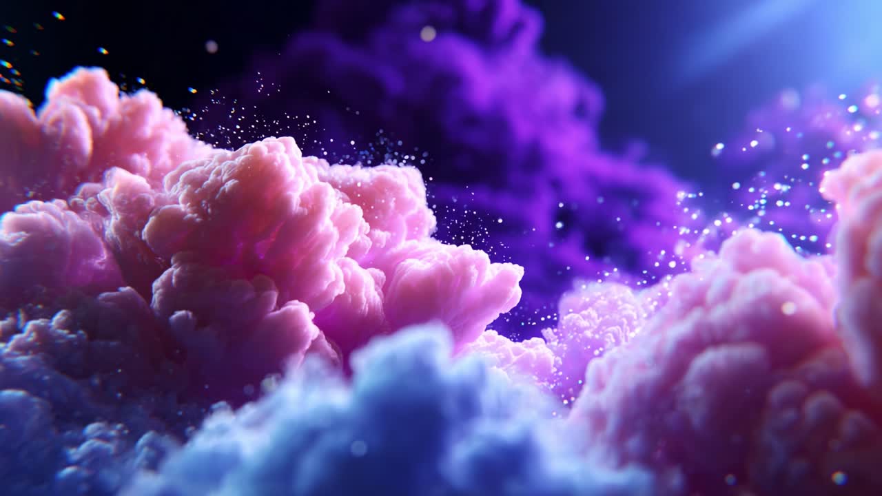 An Ethereal Transformation of Colorful Clouds: A Captivating Journey Through Lush Pink and Purple Cumuli, Enveloped in Sparkling Light Within a Dreamy Artistic Composition