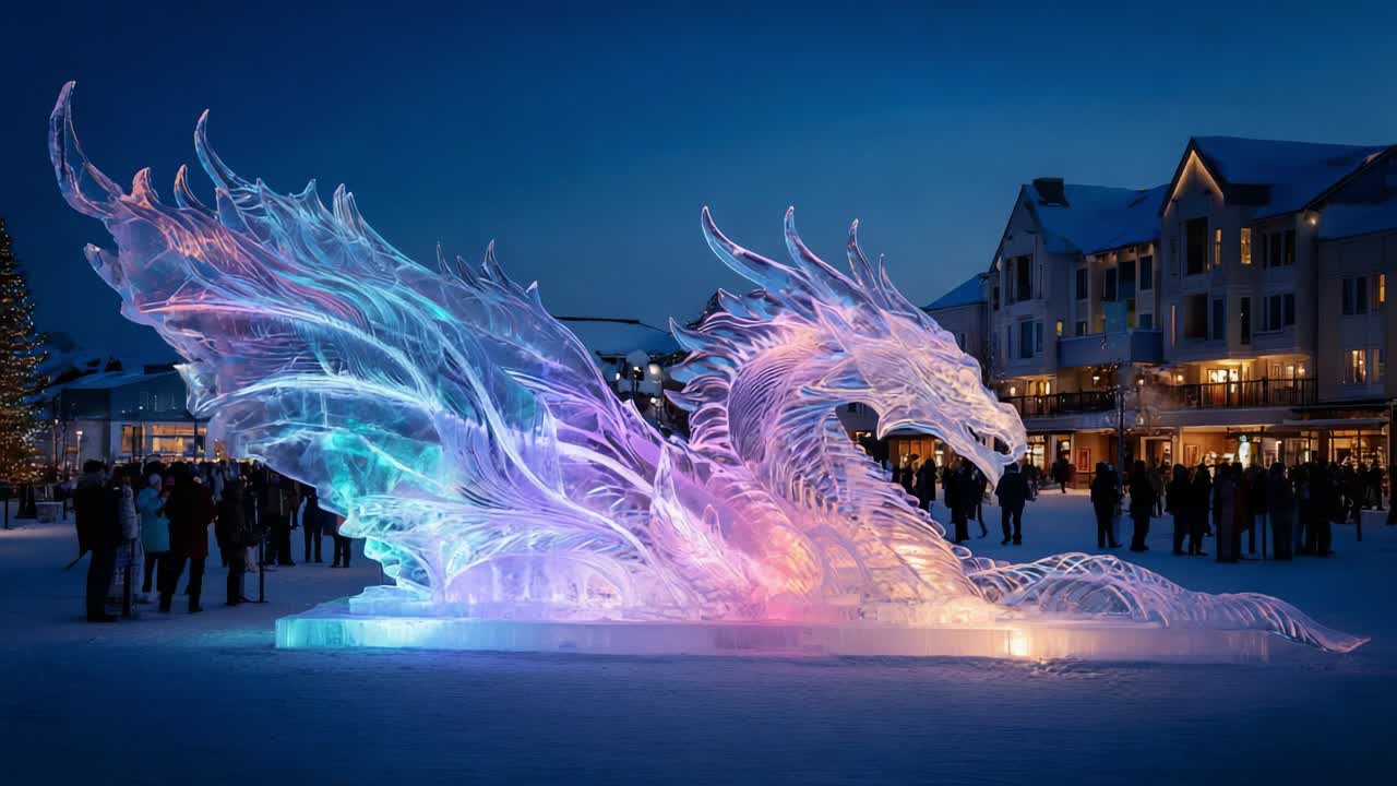 An Enchanting Ice Dragon Sculpture Glows in the Night, Capturing the Awe of Onlookers with Its Intricate Design and Brilliant Illuminations in a Winter Wonderland Setting