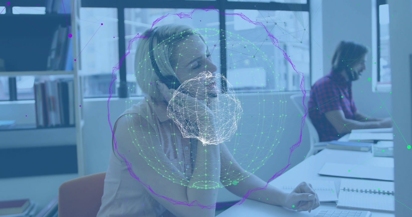 Woman typing and adjusting headset mic, activating pulsing digital globe overlay for office support