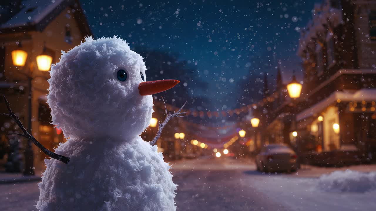 Panning camera capturing snowman turning head and gazing down main street, with drifting snowflakes
