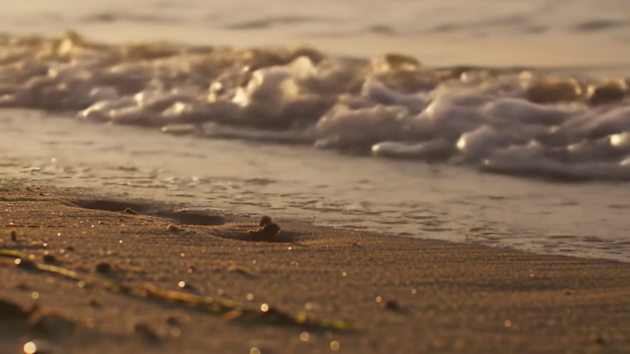 Footprints are left behind on a sandy beach as the tide rolls in softly, illuminated by a warm, golden sunset. This tranquil moment captures nature's beauty.