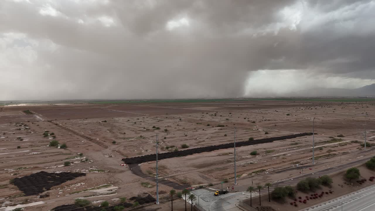 Drone Ascending over Highway in Desert, Massive Dust Storm in Background, overcast skies, cars driving on road, Arizona Loop 202 in Chandler