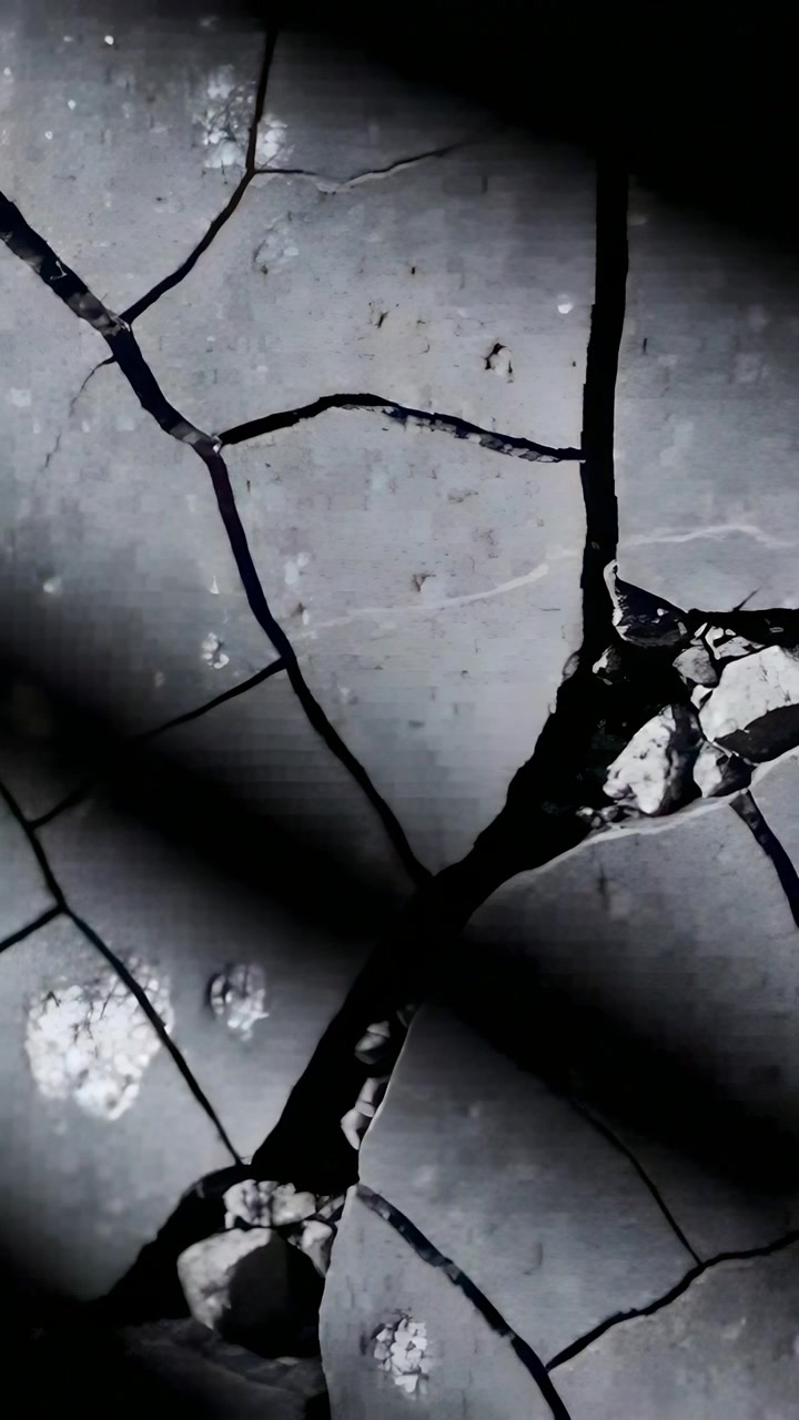 Vertical video: Shifting shadow showing cracked sidewalk closeup from slow light shift, with stones