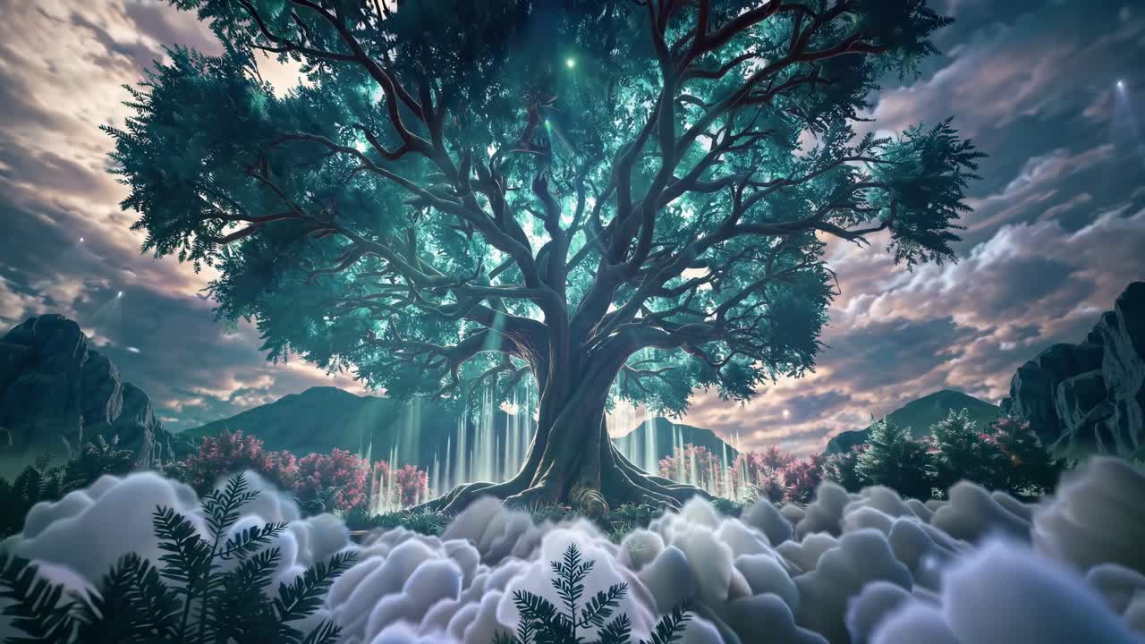 A mystical tree in a fantasy landscape, captured from a low-angle