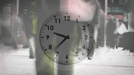 animation of clock moving over people walking in city