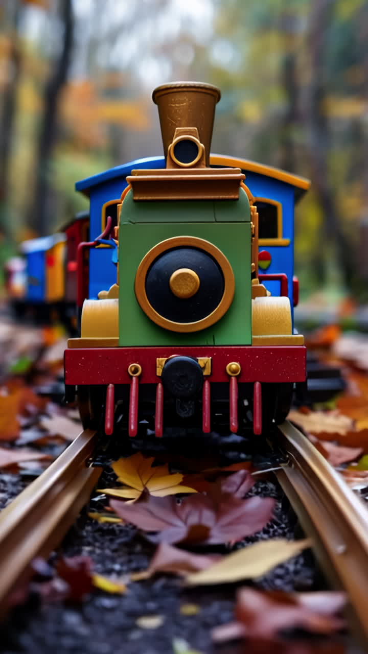 A train is on a track with leaves on the ground. The train is small and colorful. The leaves on the ground are brown and scattered
