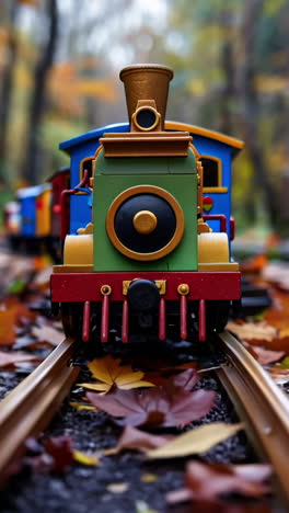 a train is on a track with leaves on the ground. the train is small and colorful. the leaves on the ground are brown and scattered