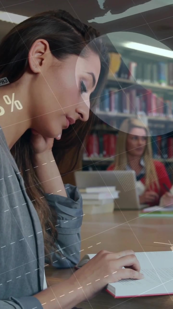 Animazione di diagrammi ed elaborazione dati su una studentessa che legge