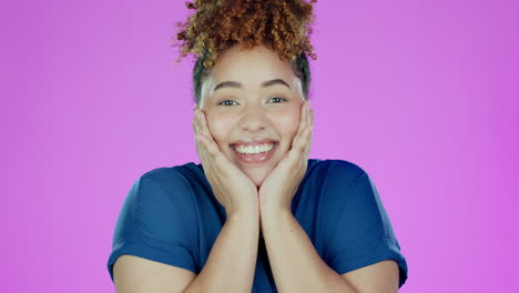 face, surprise and black woman with happiness