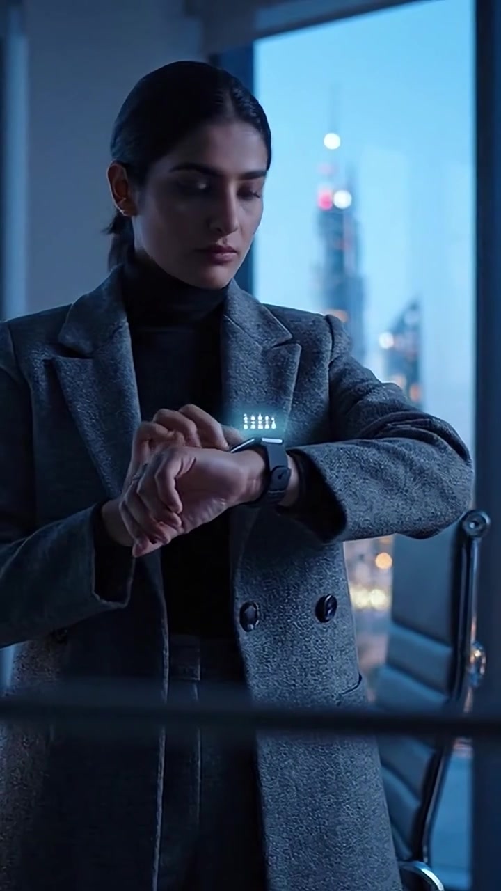 A woman in a stylish gray coat looks thoughtfully out of an office window, illuminated by city lights, showcasing a moment of reflection and decision at dusk.