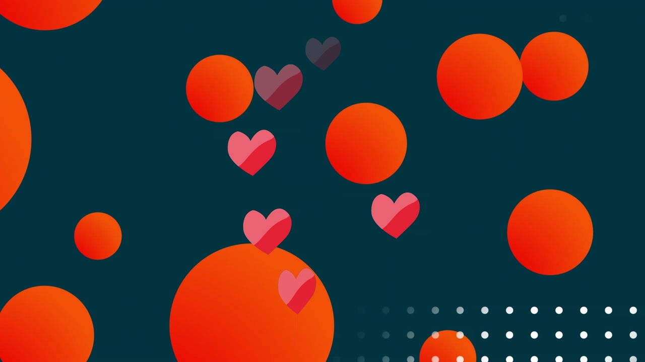 Animation of hearts over red dots on black background