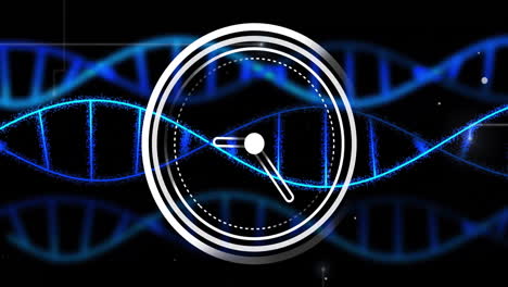 Animation-of-moving-clock-over-dna-strands-on-black-background