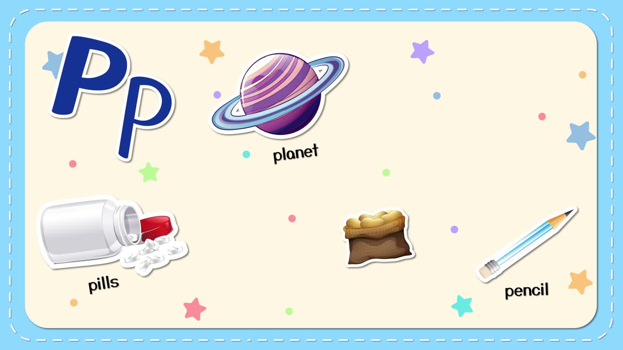 Una flashcard educativa animata mostra oggetti che iniziano con la lettera P su uno sfondo blu stellato