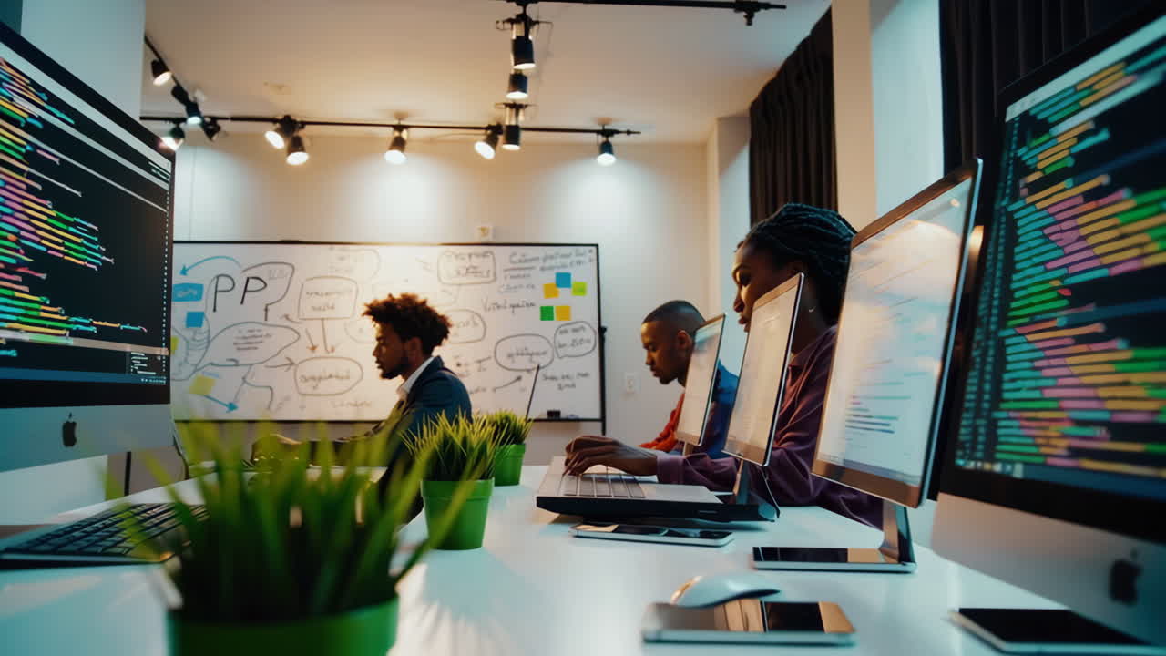 Software Developers Coding and Collaborating in a Modern Office Environment