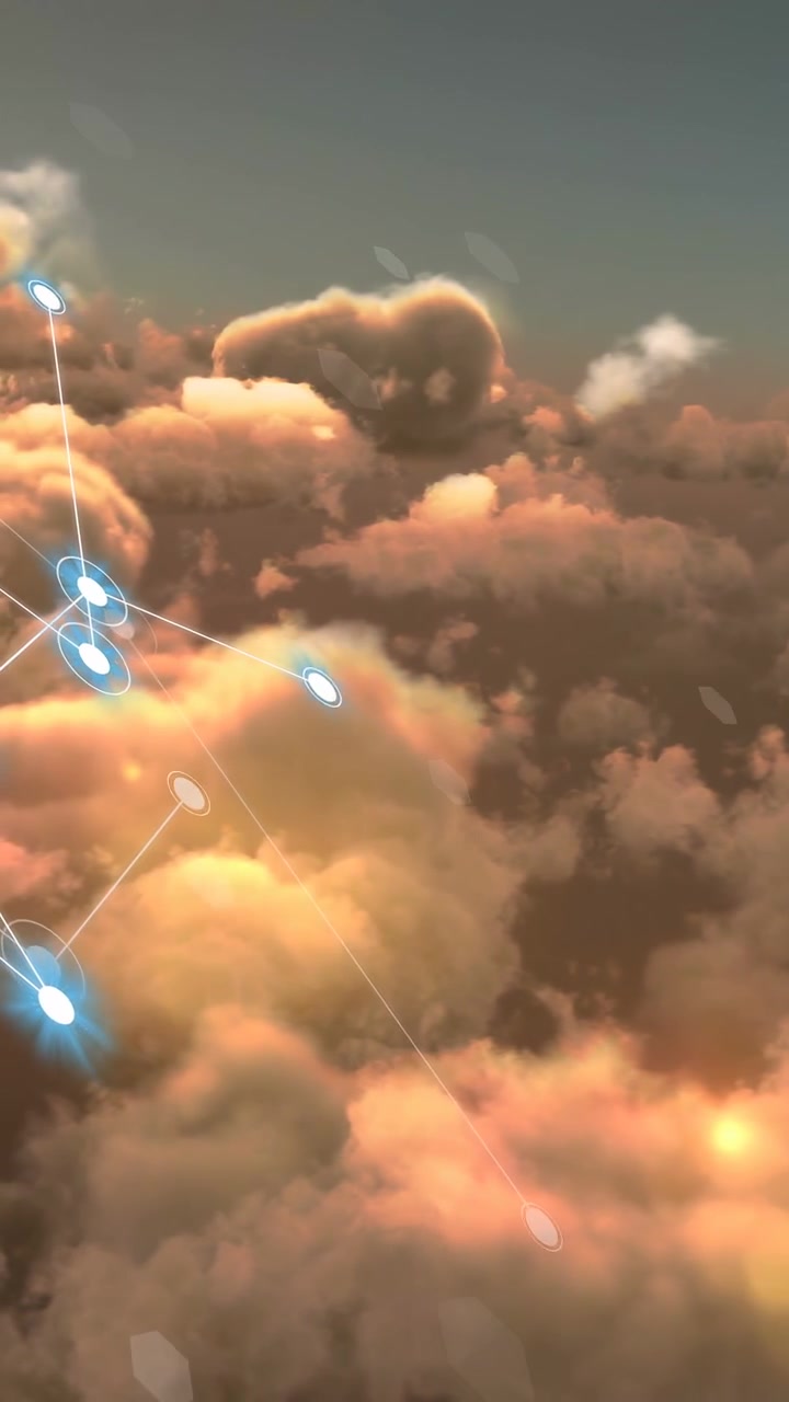 Vertical video: Blue nodes appearing lower-left pulsing, tracing network mapping data over clouds