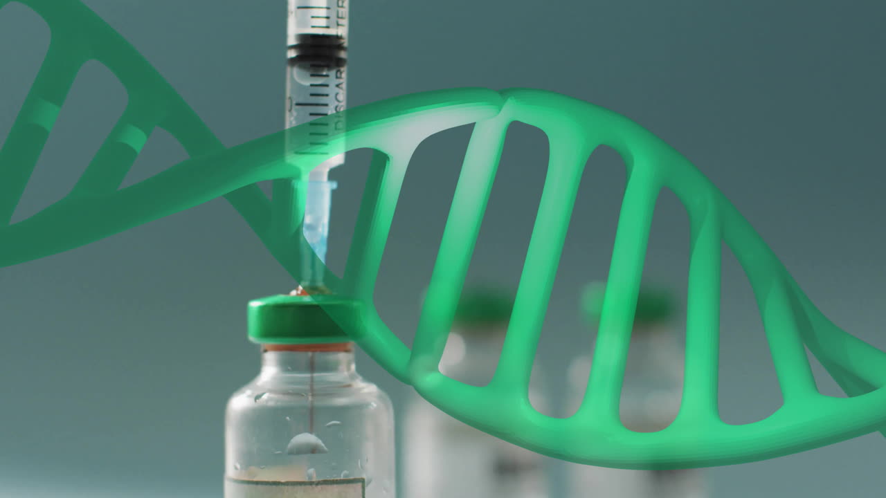 Animation of dna strand over vials and syringe on white background