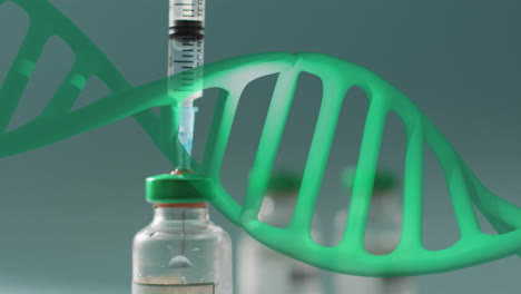 animation of dna strand over vials and syringe on white background
