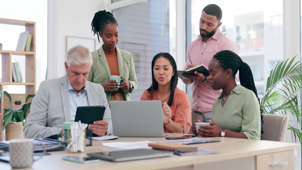Business people, laptop and meeting in team