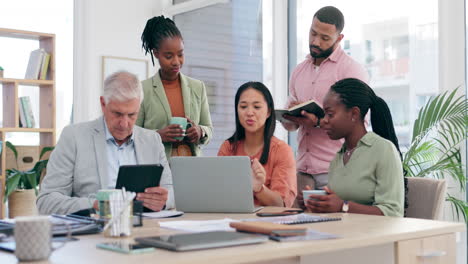 business people, laptop and meeting in team