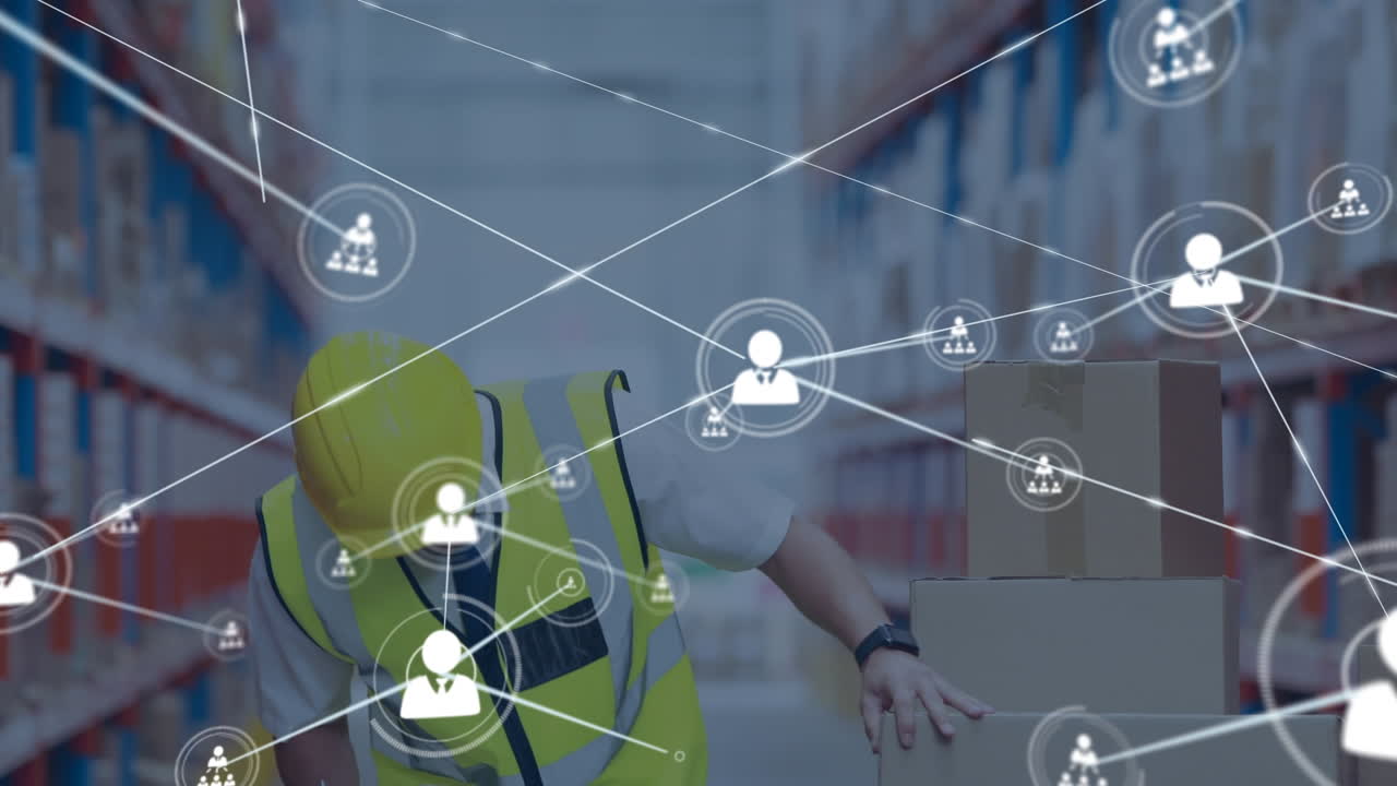 창고의 백인 남성 노동자에 대한 아이콘과 연결 네트워크의 애니메이션