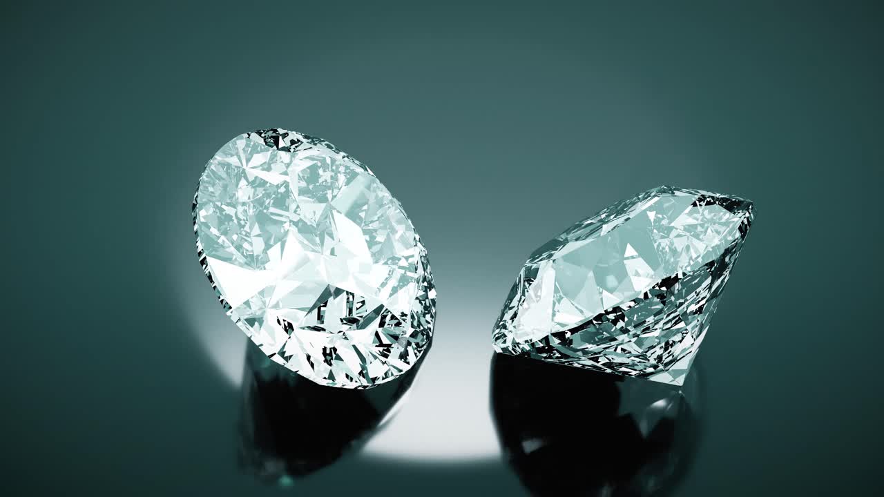 Due diamanti scintillanti che riflettono la luce su una superficie scura