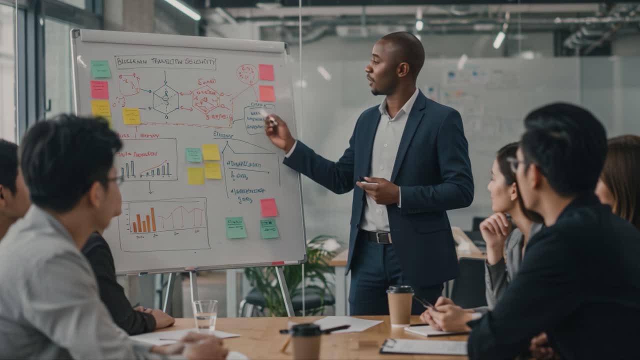 Professional Business Meeting: Engaging Presentation by Speaker with Visual Aids and Audience Participation in Modern Workspace Setting