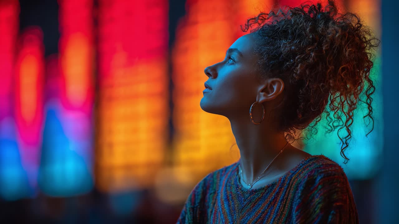A Thoughtful Woman Gazing Upwards Amidst Vibrant Neon Lights, Capturing a Moment of Reflection and Wonder in a Colorful Urban Environment