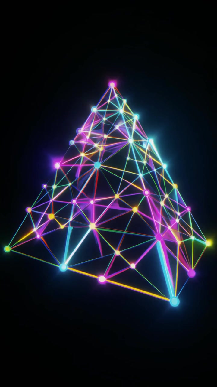 Piramide Geometrica al Neon Luminosa con Connessioni di Rete Pulsanti
