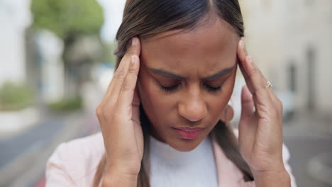 woman, face or headache in street with pain