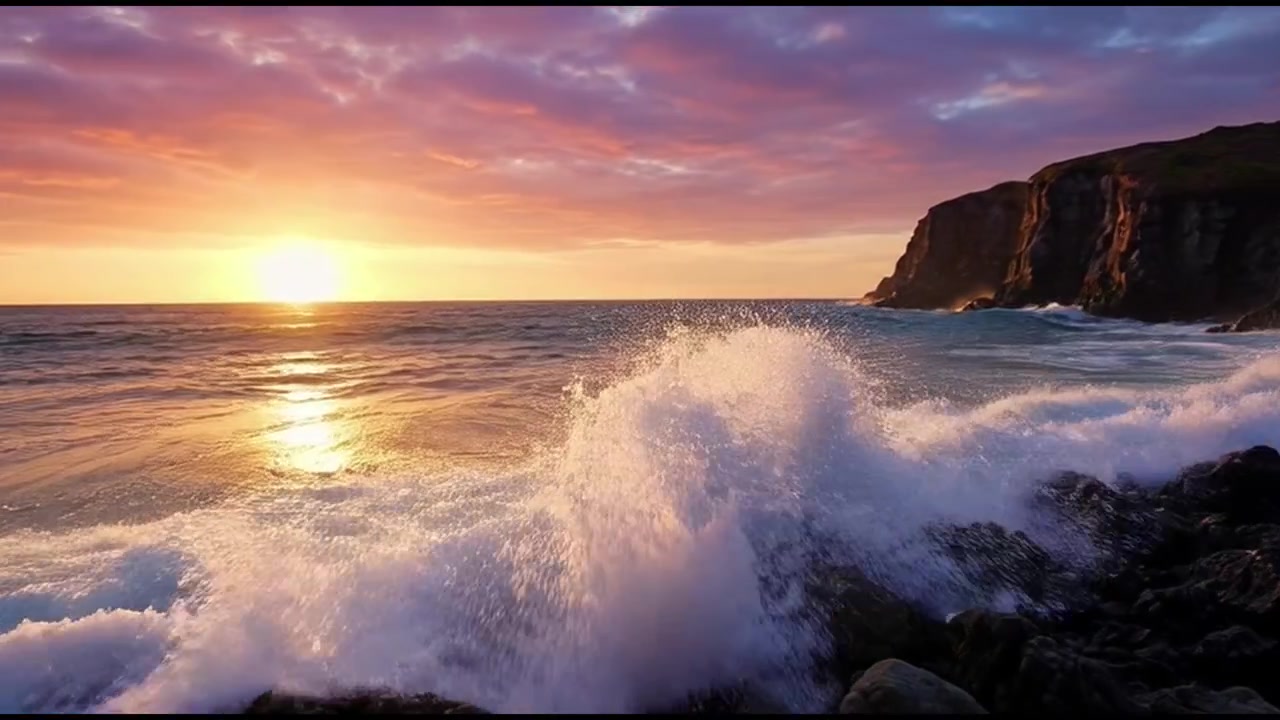 Las olas del océano chocan contra la costa rocosa al atardecer