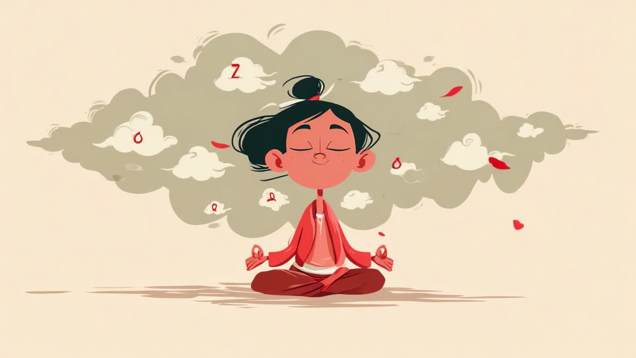 A serene figure engaged in meditation, surrounded by dreamy clouds and floating leaves, symbolizing peace and mindfulness in a calming atmosphere