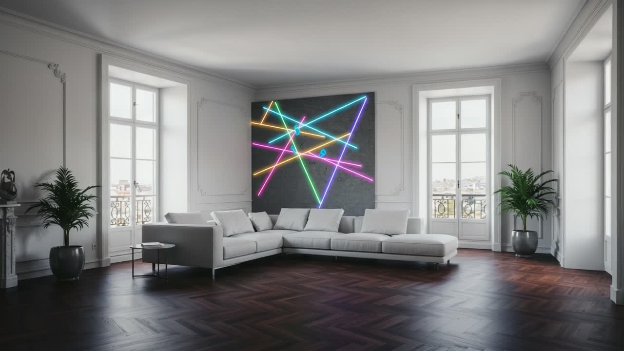 A Bright and Modern Living Room Showcase Featuring a Stylish Sofa Surrounded by Elegant Plants and Vibrant Neon Wall Art in a Chic Interior Setting