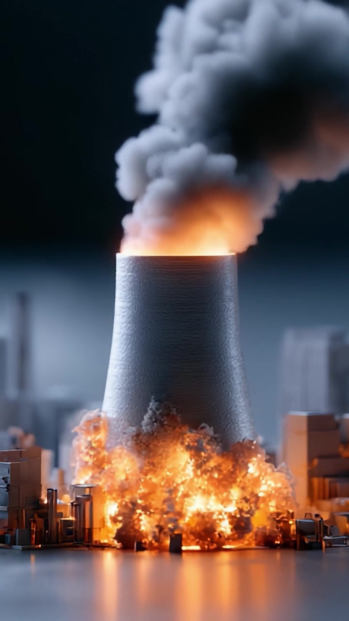 Scena Drammatica di una Centrale Nucleare in Fiamme, Denso Fumo che si Sprigiona dalla Torre di Raffreddamento in un Paesaggio Urbano - Una Rappresentazione Accattivante di un Disastro Catastrofico