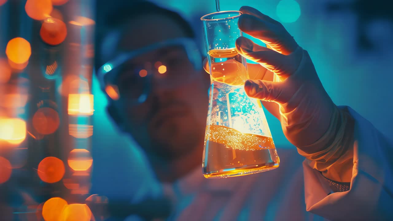 Scientist examining liquid in a flask