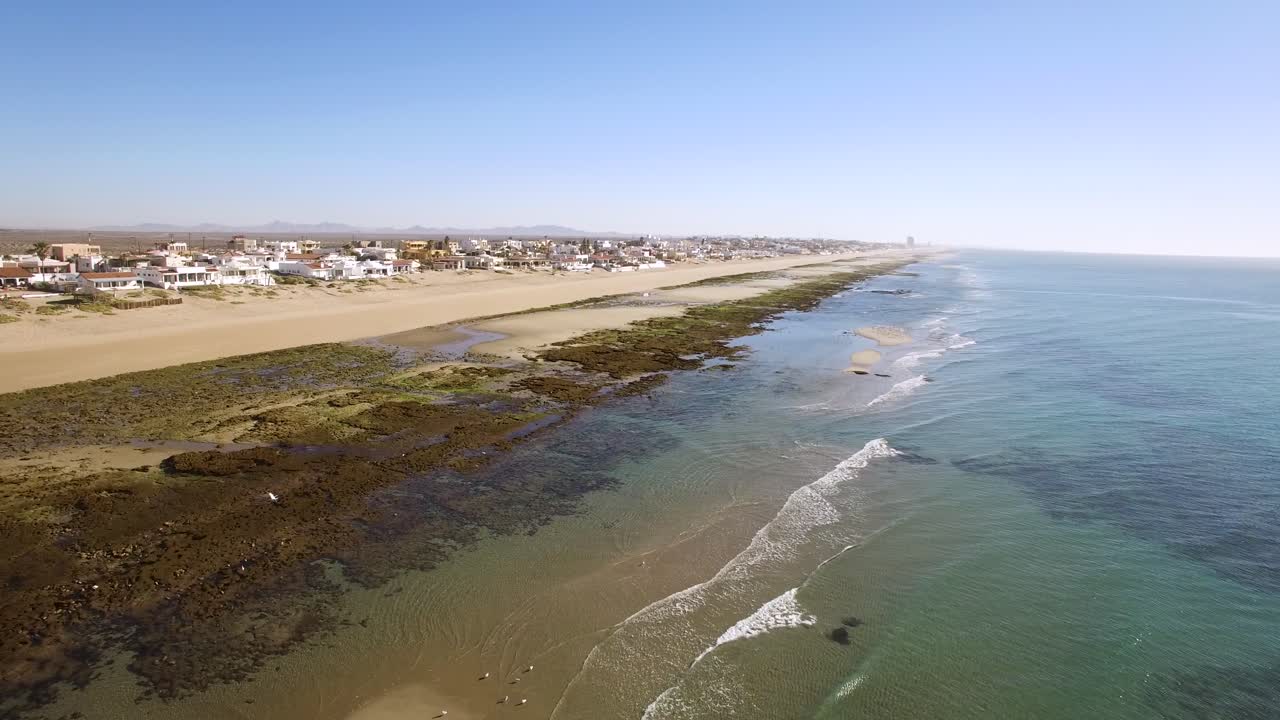 Aerial slow descent, as sea birds fly under the camera, from a high angle to a low angle of low tide Rocky Point, Puerto Peñasco, Gulf of California, Mexico