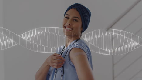 smiling healthcare professional with dna strand animation overlay in background