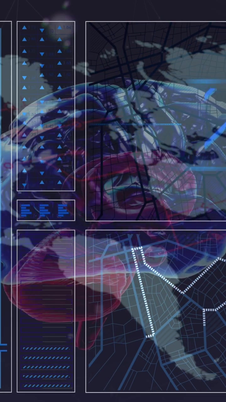 Animation of data processing and digital brain over world map