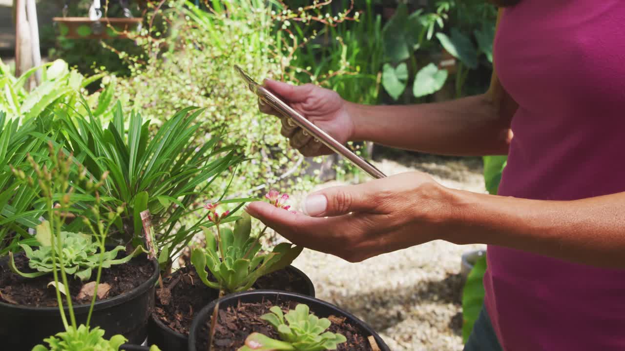 mujer usando una tableta digital en un jardín botánico