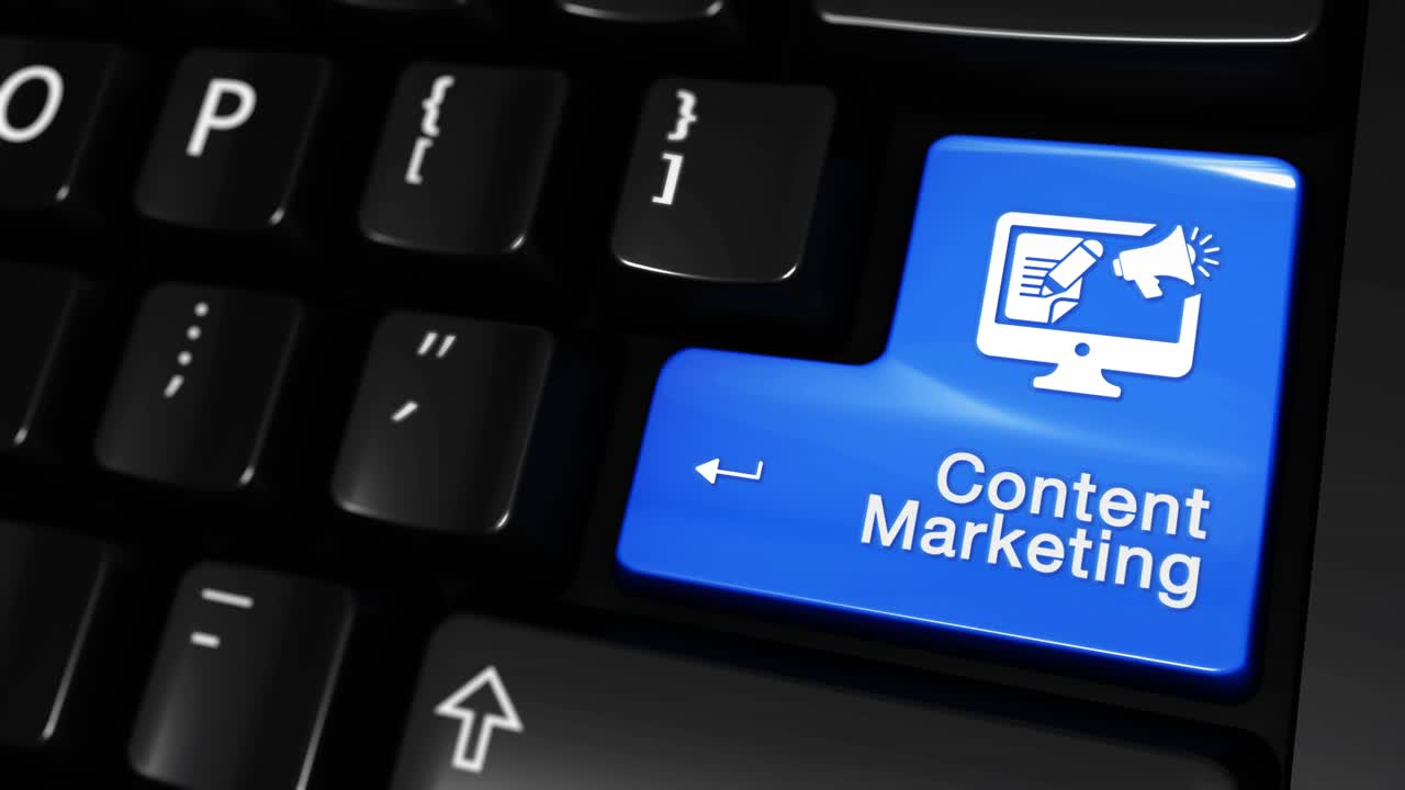 111 content marketing moving motion on blue enter button on modern computer keyboard with text and