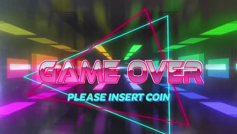 Animation-of-game-over-text-and-please-insert-coin-text-on-triangles-over-futuristic-tunnel