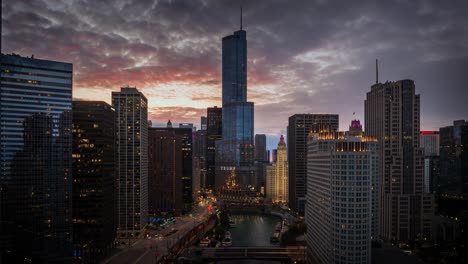 Hiperlapso-Aéreo-De-Chicago-Al-Atardecer