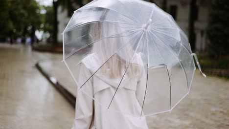 Seltene-Ansicht-Einer-Frau,-Die-An-Einem-Regnerischen-Tag-Mit-Einem-Transparenten-Regenschirm-Läuft