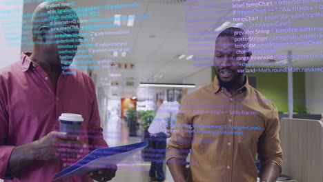 Animation of data processing over african american business people in office